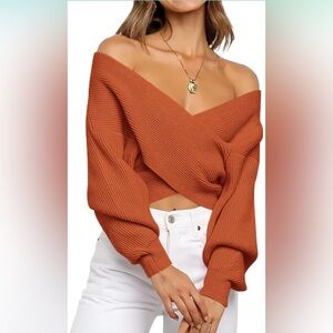 BTFBM Women Casual V Neck Long Sleeve Sweaters Cross Wrap- XL